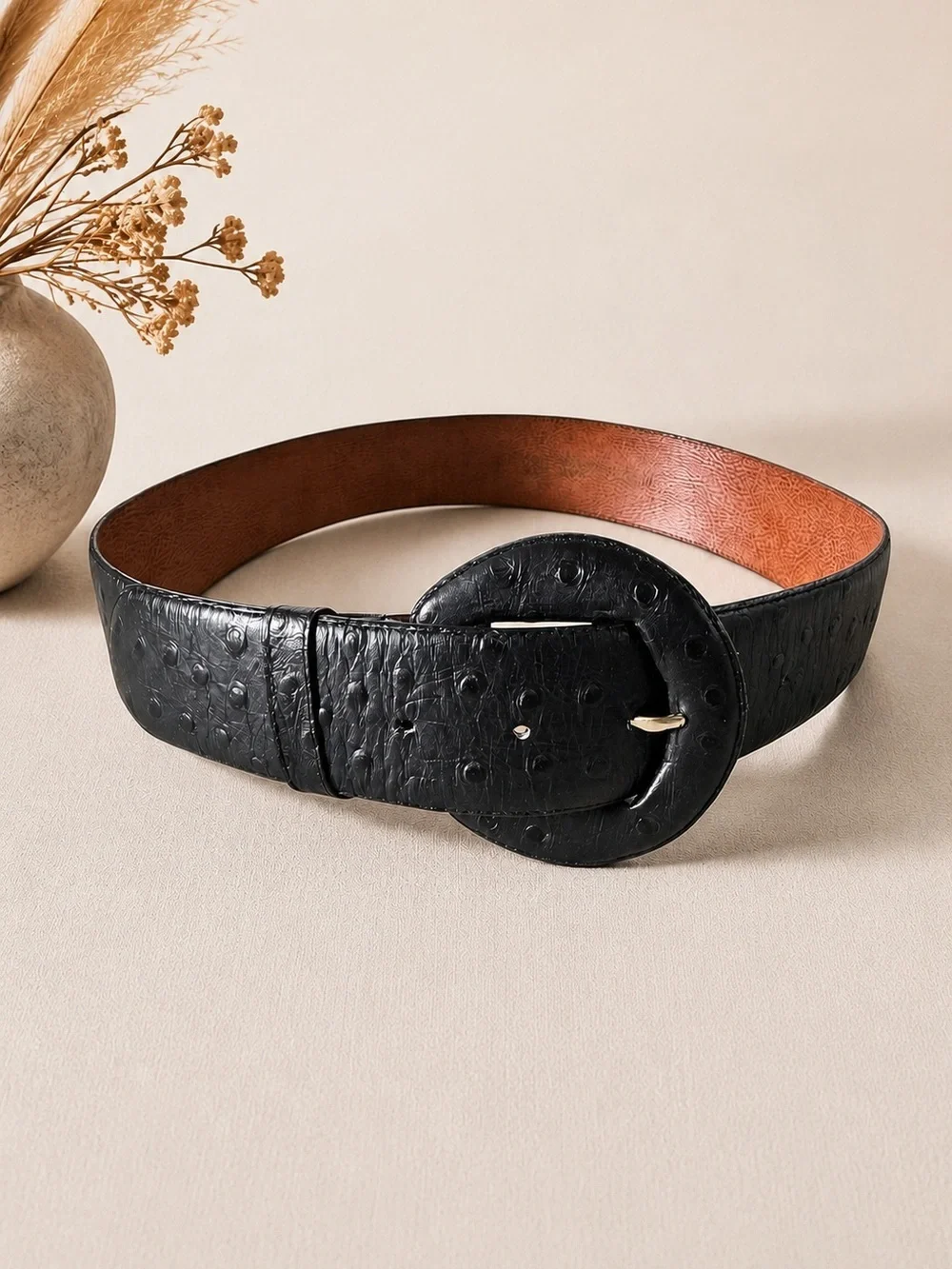 VTG Black Ostrich Embossed Leather Belt Oval Buckle Wide Waist Belt Boho Western